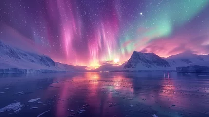 Papier Peint photo Aurores boréales snow covered mountains in the cold arctic north, rocky mountains, and beautiful aurora sky, magical northern lights dance in the sky, magical lights reflecting off the water