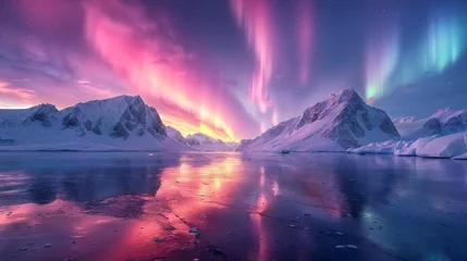 Fotobehang snow covered mountains in the cold arctic north, rocky mountains, and beautiful aurora sky, magical northern lights dance in the sky, magical lights reflecting off the water © Rod