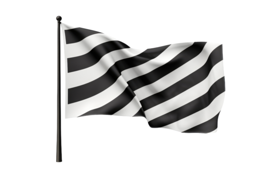 Black and White Striped Flag Flying in the Wind. On a White or Clear Surface PNG Transparent Background.