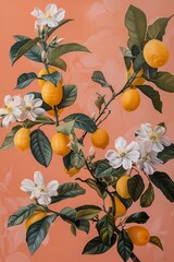 Beautiful lemon blossom on peach color background classic fruit painting for wall art, background and illustration 