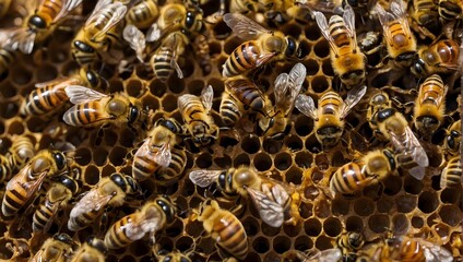 The vibrant life of a bee colony featuring a marked queen at its heart, encircled by diligent workers Generative AI
