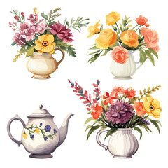 Flower Bouquets in Teapots Clipart 
