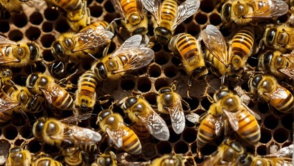 The vibrant life of a bee colony featuring a marked queen at its heart, encircled by diligent workers Generative AI