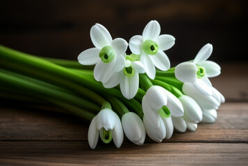 Bouquet of snowdrops on a wooden background. Spring flowers.