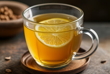 Cup of tea with lemon and ginger on a wooden table.