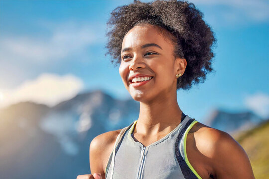 Fitness Black Woman And Happy Athlete Smile Running In Mountain Exercise And Marathon Training Workout