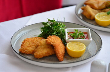fried chicken schnitzel, food background, serving food, rustic plate, restaurant menu 