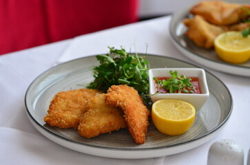 fried chicken schnitzel, food background, serving food, rustic plate, restaurant menu 