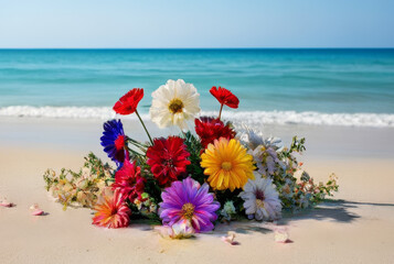 Bouquet of colorful flowers on the beach with the sea in the background