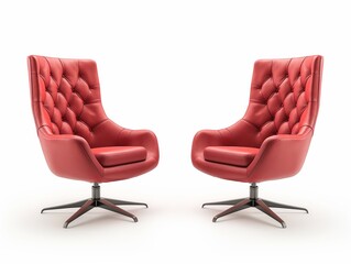 Naklejka premium A pair of modern red leather armchairs with a quilted design, isolated on a white background.