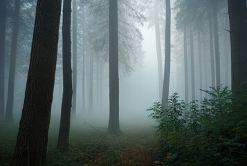 Naklejka premium Mysterious dark forest in a foggy morning. Misty landscape