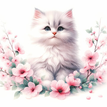  A watercolor painting featuring a cute cat surrounded by delicate pink flowers, set against a pristine white background