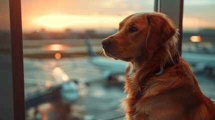 Golden retriever dog waiting in airport terminal ready to board the airplane. Pet vacation concept
