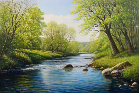 Landscape with spring forest and river. Spring landscape with a small river