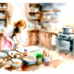A watercolor painting capturing a heartwarming moment of a mom teaching her daughter how to cook in a kitchen