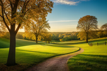 Fototapeta premium Morning in the park with green grass, trees and sunbeams