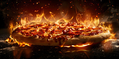 Supreme pizza delight indulge in the supreme pizza del on transparent background,Pizza on a plate with flames on dark background

