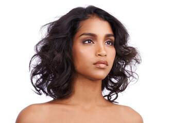 Skincare, beauty and cosmetic for Indian woman, luxury and cosmetology on white background. Face,...