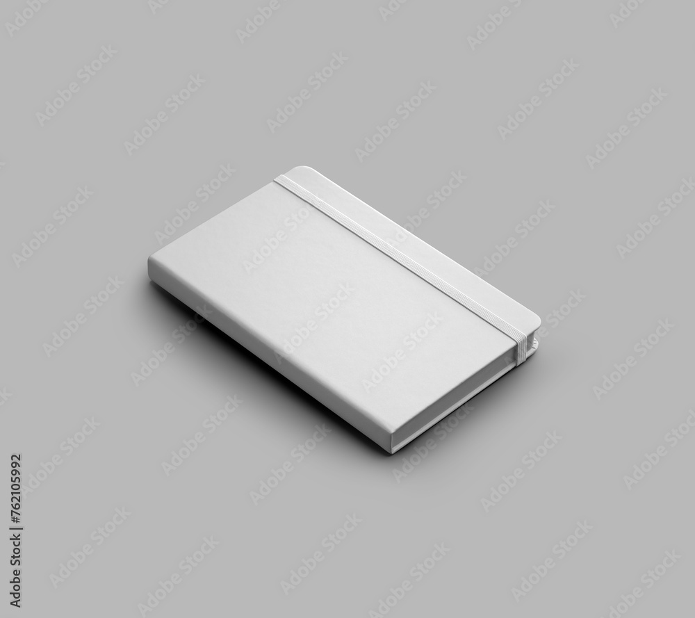 Poster mockup of a white closed notebook with an elastic band, textured hardcover, notepad presentation dia