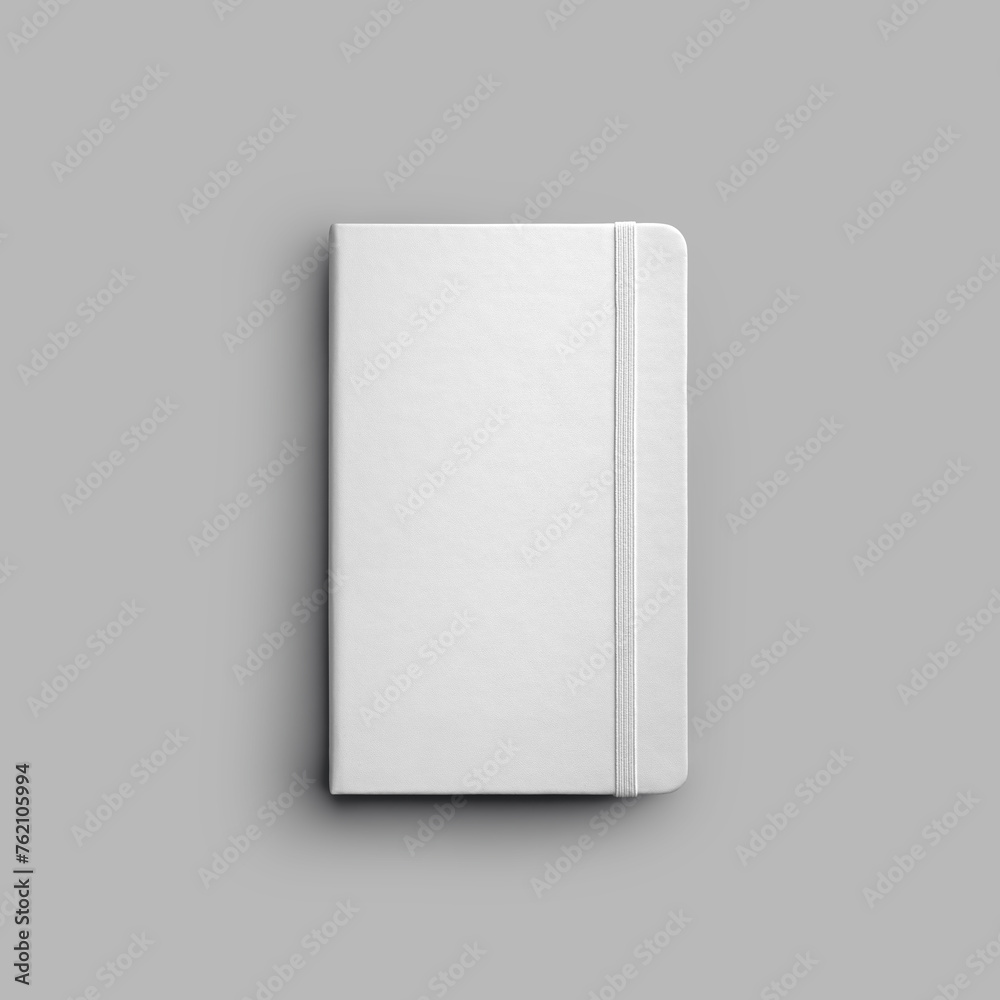 Poster mockup of white textured notebook with tie, sketchbook presentation, isolated on shadow background.