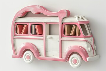 elegant white and pink wooden wall hanging bookshelf with bus shape isolated on white