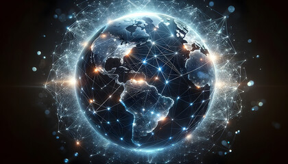 Obraz premium Global business networking earth international connectivity trade a 3d earth model with network links across continents a spherical representation of earth webbed with luminous connections depicting.