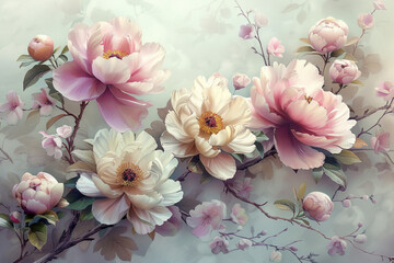 pink and white flowers. branch with flowers