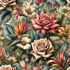 A seamless pattern featuring hand-drawn flowers and exotic leaves, ideal for use as a background on wallpaper or fabric