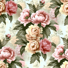  A seamless spring-summer pattern featuring a bouquet of peonies, designed as a vintage wallpaper in pastel colors