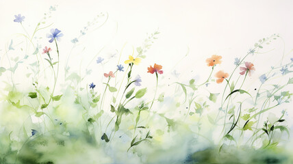 Wildflowers on a green background, greeting card in watercolor style