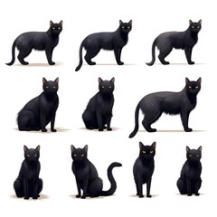 Black cat vector silhouettes set isolated on white background, cats in different poses
