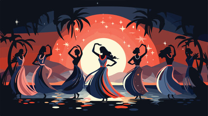 Ritual dance summer night. illustration flat vector