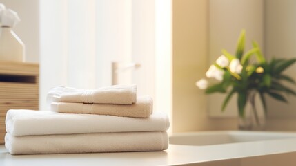 Fototapeta na wymiar fluffy towels in a clean and spacious bathroom