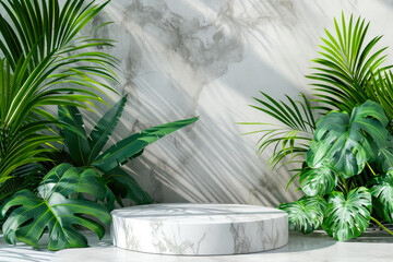 Elegant Marble Stand with Lush Palm Fronds