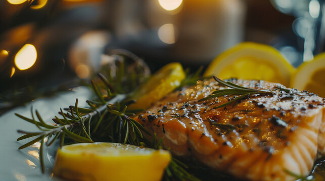 grilled salmon steak with rosemary and lemons