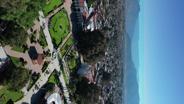 Oaxaca Mexico Tule Tree overview, vertical aerial shot from above, great weather mountain skyline