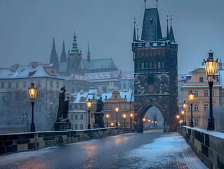 Iconic Charles Bridge in Prague, Czech Republic, showcasing stunning architecture and historic charm at sunset.