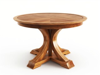 Isolated elegant wooden round table with a smooth polished surface and curved legs on a clean white background.