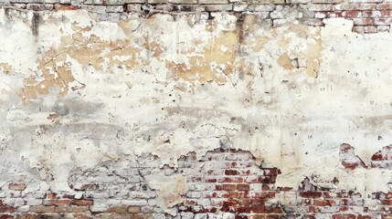 Obraz premium Empty Old Brick Wall Texture. Painted Distressed Wall Surface. Grungy Wide Brickwall. Grunge white Stonewall Background. Shabby Building Facade With Damaged Plaster. Abstract Web Banner. Copy Space.