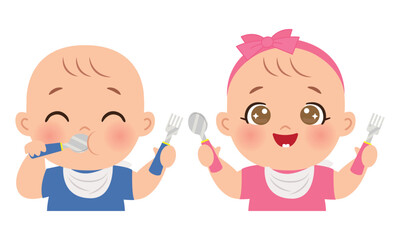 Cute baby boy and girl eat using spoon and fork