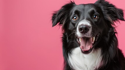 studio headshot portrait of brown white and black medium mixed breed dog smiling against a pink background