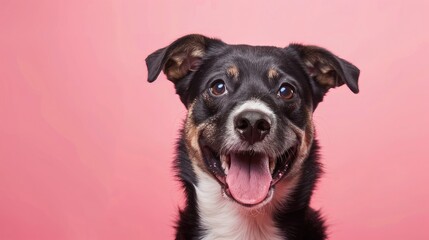 studio headshot portrait of brown white and black medium mixed breed dog smiling against a pink...