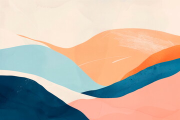 Minimalist composition featuring pastel-colored paper textures with abstract geometric shapes and lines in a harmonious blend of blue, peach, and orange. Generative AI