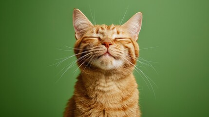 studio headshot portrait of cat smiling against a green background