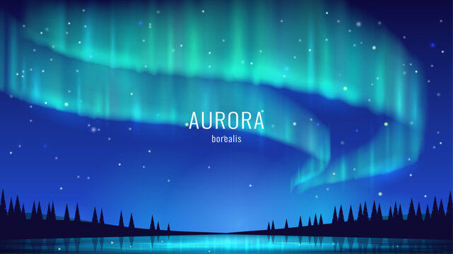 The aurora borealis over the lake. Bright glow in the night sky. Realistic view of the northern lights reflected in the water. Vector illustration.