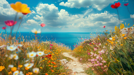 Fototapeta na wymiar A beautiful path winds through a sea of vibrant wildflowers, leading towards the vast expanse of the ocean on a sunny European summer day