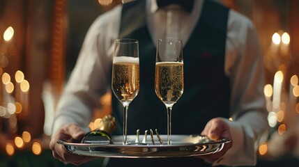 Waiter serving champagne on a tray - obrazy, fototapety, plakaty