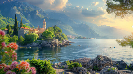 Obraz premium A mesmerizing painting capturing a serene lake nestled among towering European mountains on a summer day, reflecting the beauty of nature