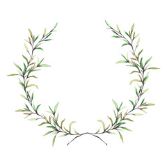 Green romantic hand painted watercolor wreath. Cute elegant branches and leaves illustrations and graphic design elements. Spring botanical greenery laurel wreath for weddings, logos and branding.