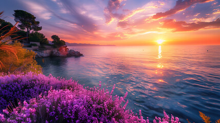 Fototapeta na wymiar A breathtaking European summer sunset casts a warm glow over the tranquil ocean, with striking purple flowers in the foreground adding a touch of elegance to the scene